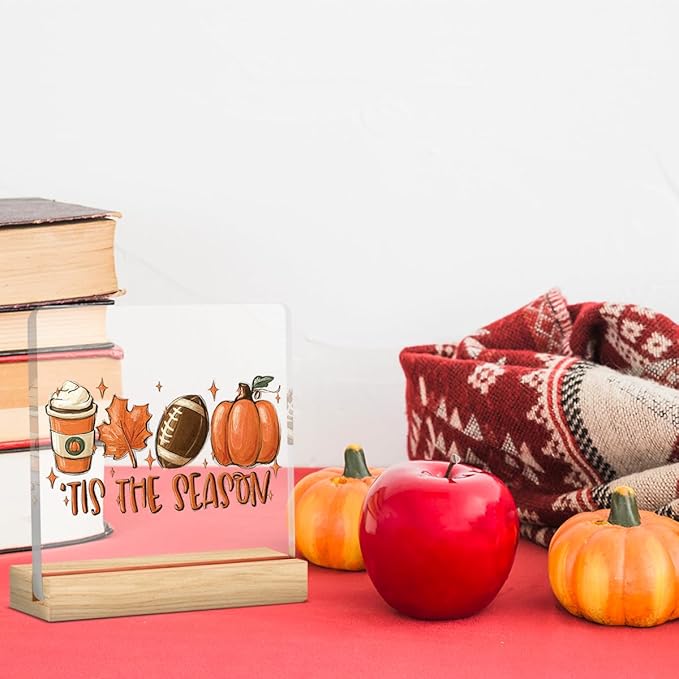 Tis the Season Fall Decor Retro Fall Decorations for Home Office Autumn Pumpkin Decorations Sign Rustic Thanksgiving Acrylic Decor for Table 5 x 5 inches