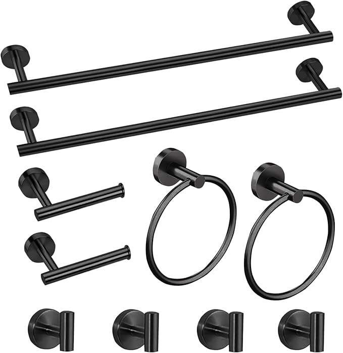 Cilee 10 Piece Matte Black Bathroom Accessories Set, 24inch Black Towel Bar Ring+Toilet Paper Holder+ Robe Towel Hook SUS304 Stainless Steel Bathroon Hardware Set