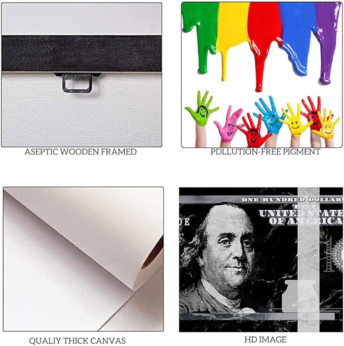 Extra Large Size Benjamin Franklin 100 Dollar Wall Art for Large Home Office Wall Decorations Inspirational Gifts for Men Black and White 100 USD Money Artwork Gallery Wrapped Easy to Hang-48"Wx24"H