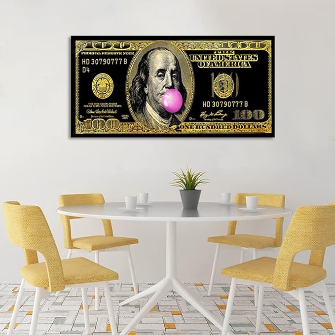 Large Size 1 Big Panel Motivational Money Art Print Dollars Canvas wall Decor for Men Abstract Creative Funny Franklin 100 Dollar Money Art Modern Home Office Wall Decorations Easy to Hang-48"Wx24"H