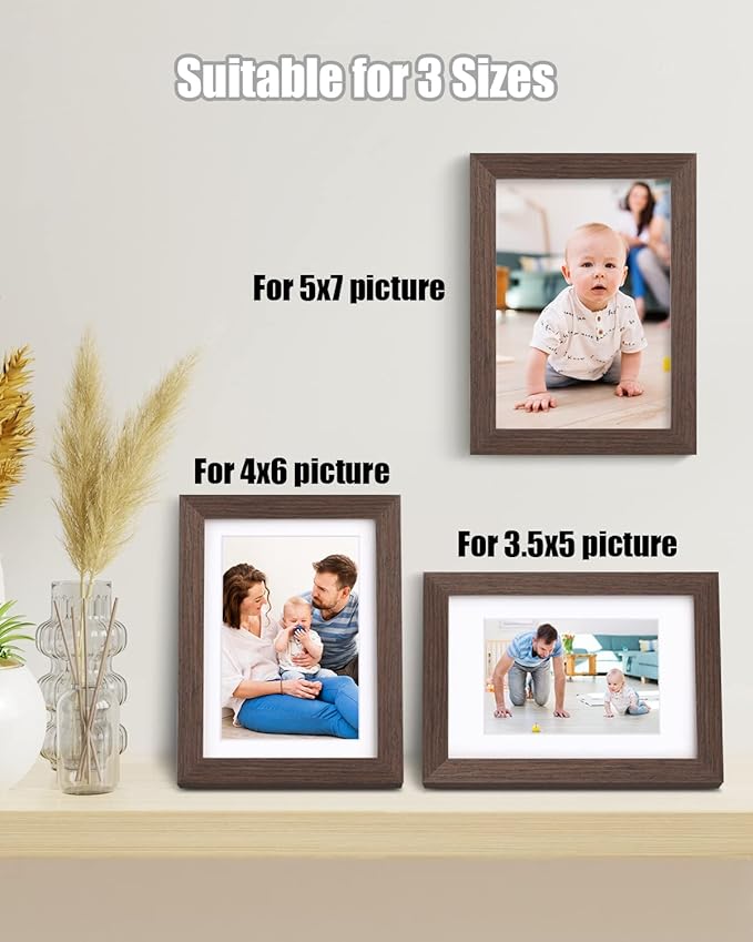 Egofine 5x7 Picture Frames Set of 4, Made of Solid Wood Covered by Plexiglass 3.5x5 and 4x6 with Mat or 5x7 without Mat, for Table Top Display and Wall Mounting Photo Frame Brown