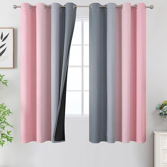 Estelar Textiler Ombre Gray and Pink Blackout Curtains 63 Inch Length 2 Panels, Full Light Blocking Curtains for Kids Room, Grommet Thermal Insulated Gradient Drapes for Girl's Room, 52x63 Inch