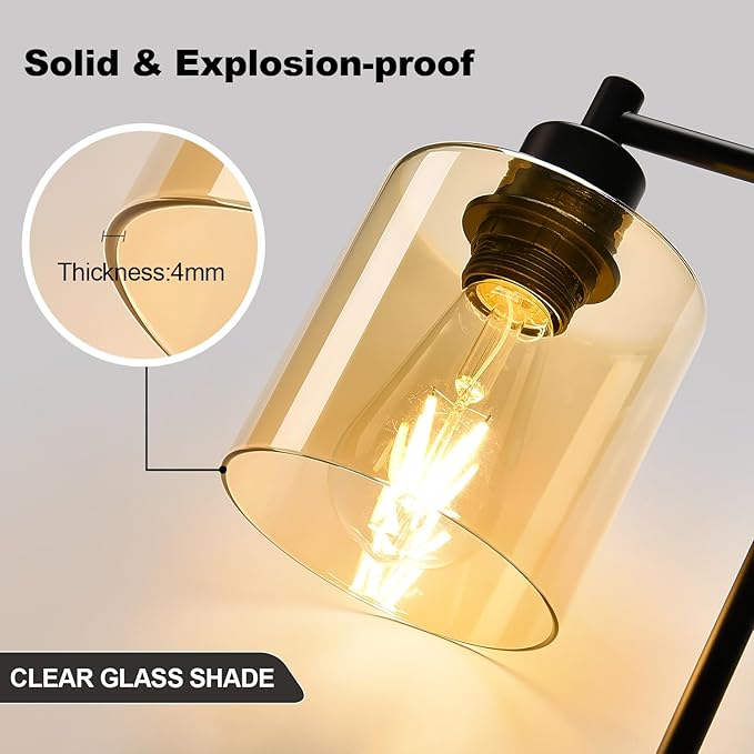 Set of 2 Industrial Touch Control Table Lamps with 2 USB Ports and AC Outlet - 3-Way Dimmable Black Bedside Lamp Nightstand Desk Lamps for Bedroom Living Room, Amber Glass Shade & 2 LED Bulbs Included