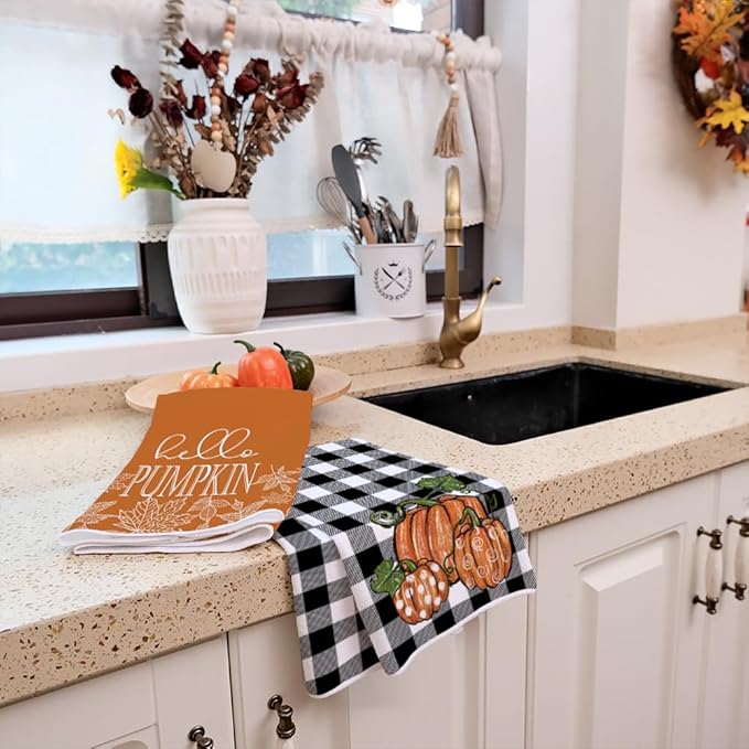 ARKENY Fall Kitchen Towels Set of 2,Black Buffalo Check Pumpkin Autumn Dish Towels 18x26 Inch Drying Dishcloth,Farmhouse Home Decoration AD127
