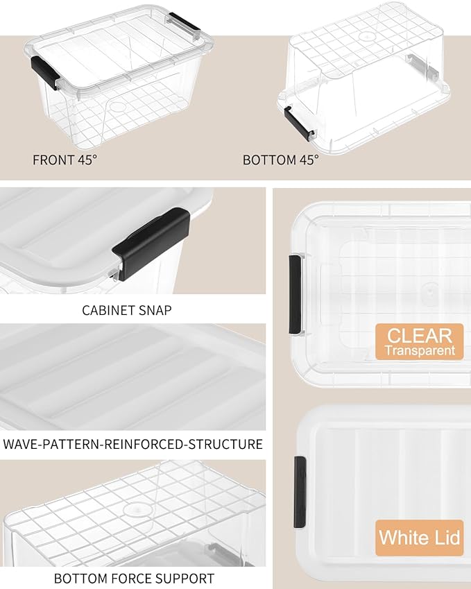 Plastic Storage Bins with Lids 6 Pack, 7 Quart Storage Containers With Black Buckle Latch, Stackable Storage Organizers for Home Pantry Office Classroom Organization, Clear