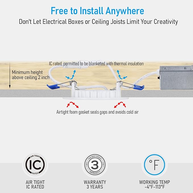 TORCHSTAR 12-Pack 5CCT 3 Inch Ultra-Thin LED Recessed Lighting with Junction Box, CRI90, Aluminum, 2700K3000K3500K4000K5000K, 5%-100% Dimmable Slim Recessed Downlight, 6W 450LM, ETL & ES