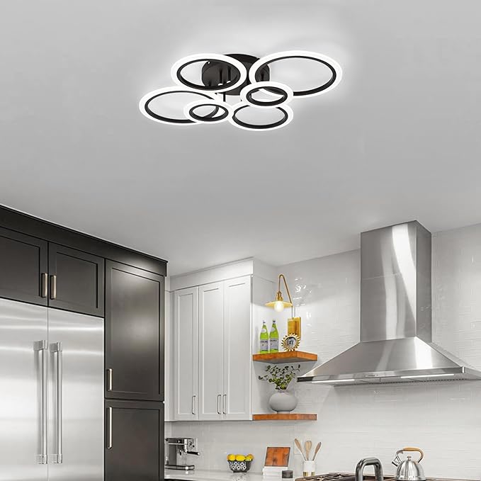 Modern LED Ceiling Light, Black 6 Rings Flush Mount Ceiling Light, 4000K Lighting Fixture Ceiling Lamp for Kitchen, Bedroom, Living Room, Laundry Room