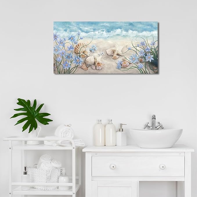 NINEASO Sea Beach Wall Art - Ocean Decor Coastal Scene Canvas Pictures Starfish Shells Seaside Painting Print Blue White Flowers Artwork for Living Room Bedroom Home Office 20" x 40"
