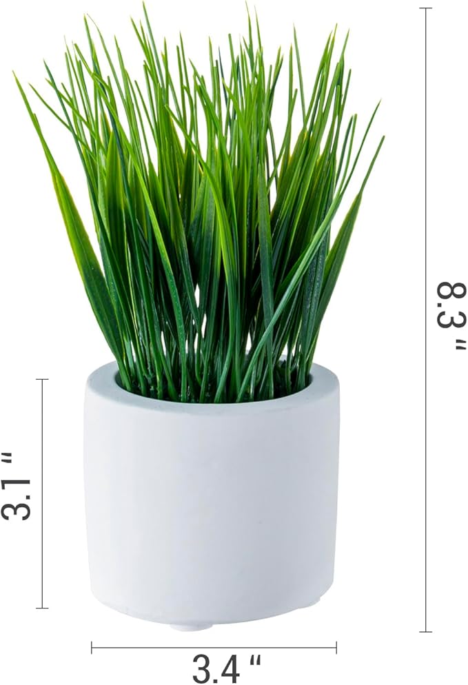 MyGift Artificial Grass Plants in Modern Cylindrical White Cement Pots, Decorative Faux Greenery Plant in Tabletop Planter, Set of 2