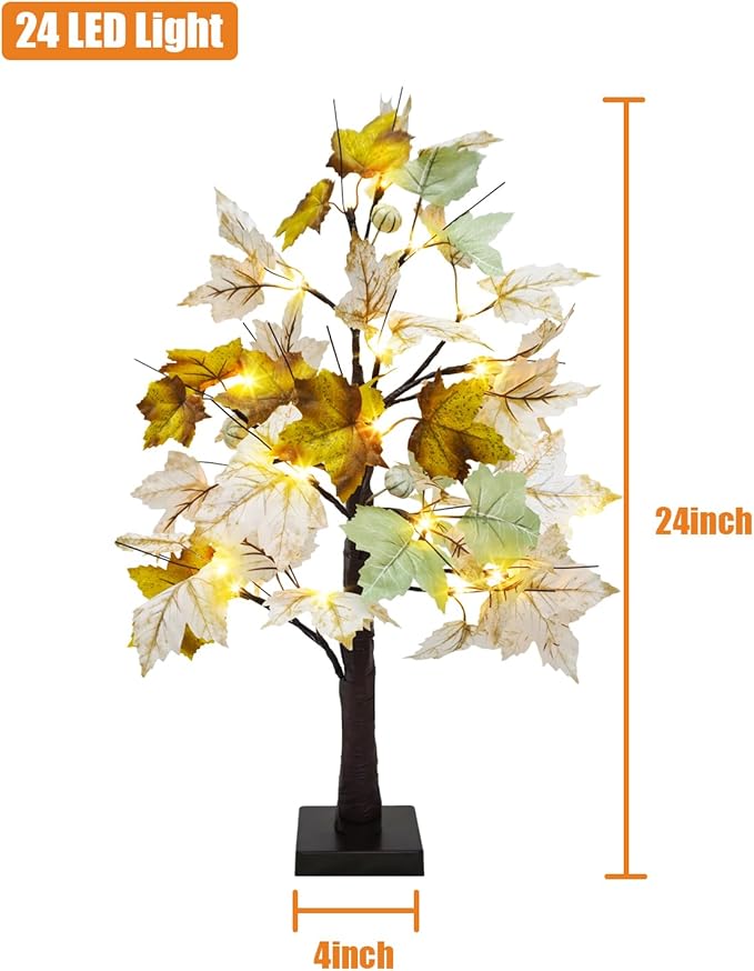 Uieke 2 Packs 24inch Artificial Lighted Fall Maple Tree 48 LED Fall Decor Table Lights with 6 White Pumpkins Battery Operated Timer, Fall Decorations or Home Thanksgiving Autumn Harvest (Green White)
