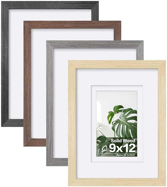 Egofine 9x12 Picture Frame Set of 4, Made of Solid Wood Multicolor Photo Frames Covered by Plexiglass 5x7 and 6x8 with Mat or 9x12 without Mat, for Table Top Display and Wall Mounting Mixed Colors
