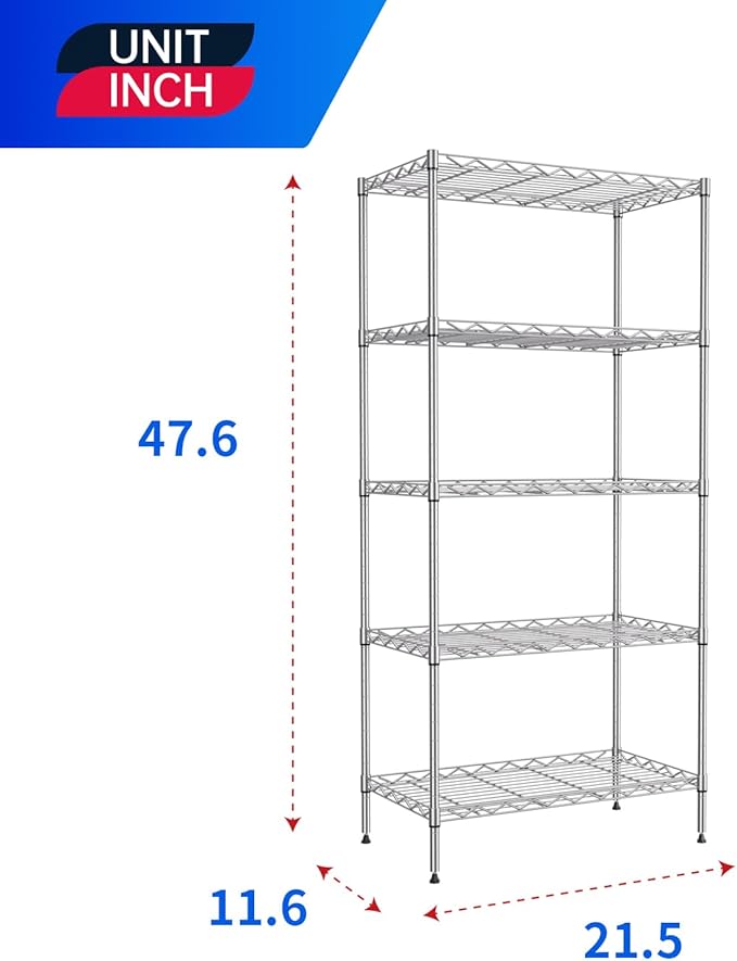 PayLessHere Shelf Metal Shelf Wire Shelving NSF Certified 5 Tier Adjustable Shelf Versatile Storage Solution Steel Organizer Wire Rack Easy Assembly, Chrome