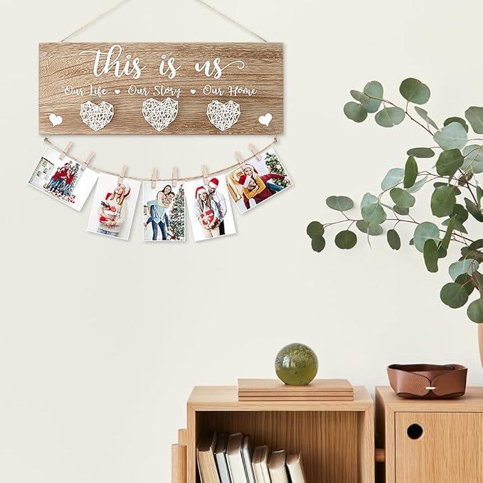 AKEROCK Couples Christmas Gifts, This Is Us Wall Decor, Rustic Wooden Hanging Christmas Picture Frame - Christmas Gift for Couples, Family, Housewarming, Home, Wedding - Natural