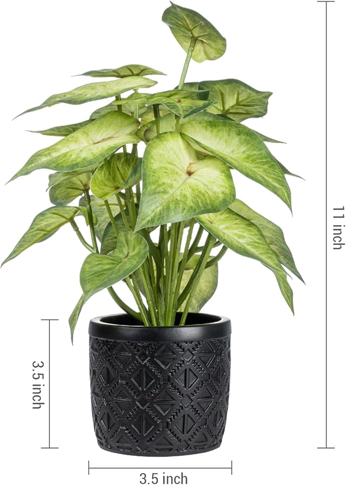 MyGift Artificial Arrowhead Plant Potted in Black Concrete Pot with Geometric Embossed Pattern, Faux Syngonium Podophyllum 'White Butterfly' Green Leaf Indoor Home Table Decor