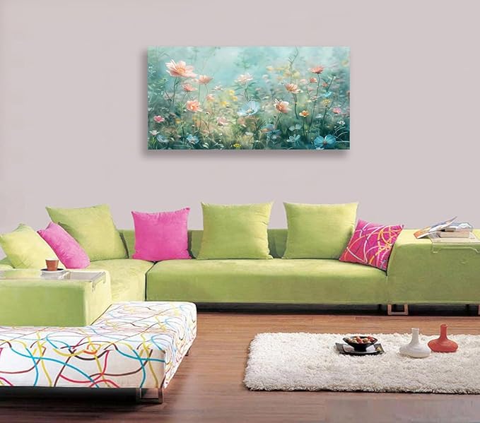 Tucai Decor Floral Canvas Wall Art Colorful Wildflowers Field Painting 30W x 58L inches Pink Blue and Yellow -Flowered Plants Art Prints Wall Decor for Living Room Bedroom Office Ready to Hang
