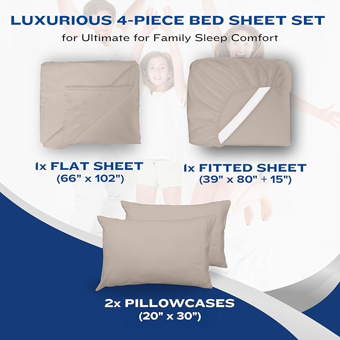 DREAMCARE Twin XL Sheets Set - 4 Pcs Cooling Bed Sheets with Up to 15" Deep Pockets - Soft, Long-Lasting 100% Brushed Polyester with Side Pocket (Beige)