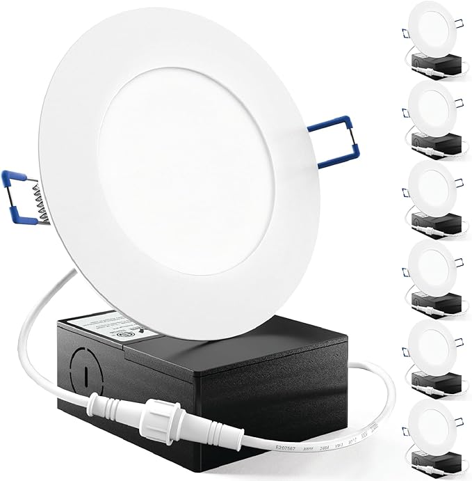 Sunco 6 Pack 4 Inch LED Recessed Lights, Slim Canless Ceiling Lighting, 650 LM, 10W (60W Equivalent), 5000K Daylight, Dimmable, Wafer Thin, Ultra Thin with Junction Box ETL.
