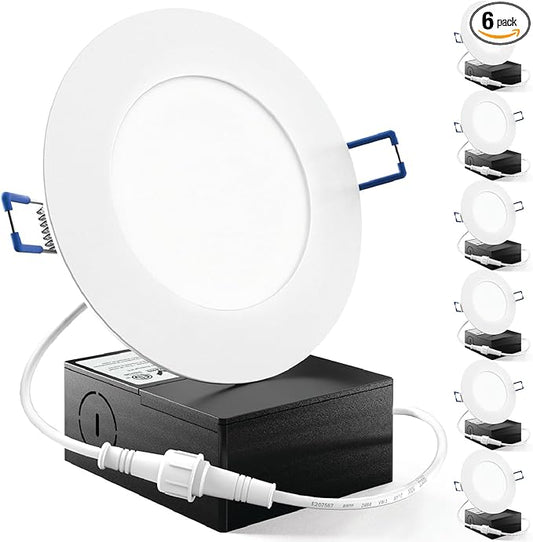 Sunco 6 Pack 4 Inch LED Recessed Lights, Slim Canless Ceiling Lighting, 650 LM, 10W (60W Equivalent), 3000K Warm White, Dimmable, Wafer Thin, Ultra Thin with Junction Box ETL.