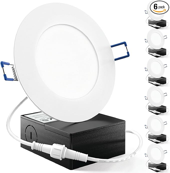 Sunco 6 Pack 4 Inch LED Recessed Lights, Slim Canless Ceiling Lighting, 650 LM, 10W (60W Equivalent), 6000K Daylight Deluxe, Dimmable, Wafer Thin, Ultra Thin with Junction Box ETL.