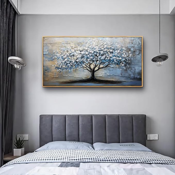 ERQINHUA Abstract Wall Art Living Room Large Wall Decor Wood Framed Art For Office Wall Pictures Blue Grey Tree Painting Canvas Printing Artwork Bedroom Restaurant Home Decoration Aesthetic 30"X60"