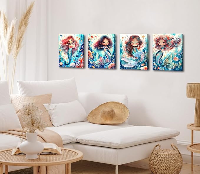 Framed Mermaid Bathroom Wall Art, Mermaid Canvas Prints, Set of 4 (8"x10")