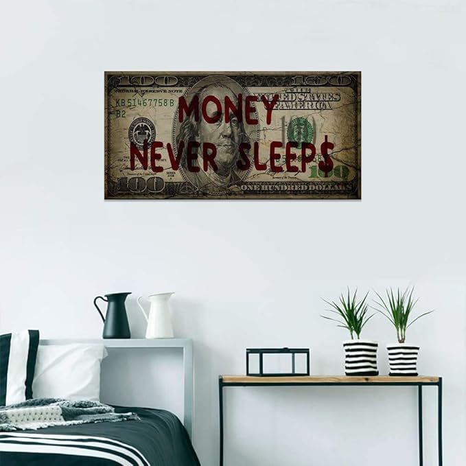 Canvas Money Wall Art Money Never Sleeps Inspirational Dollar Artwork Poster Canvas Painting Framed Ready to Hang-32x16 inches