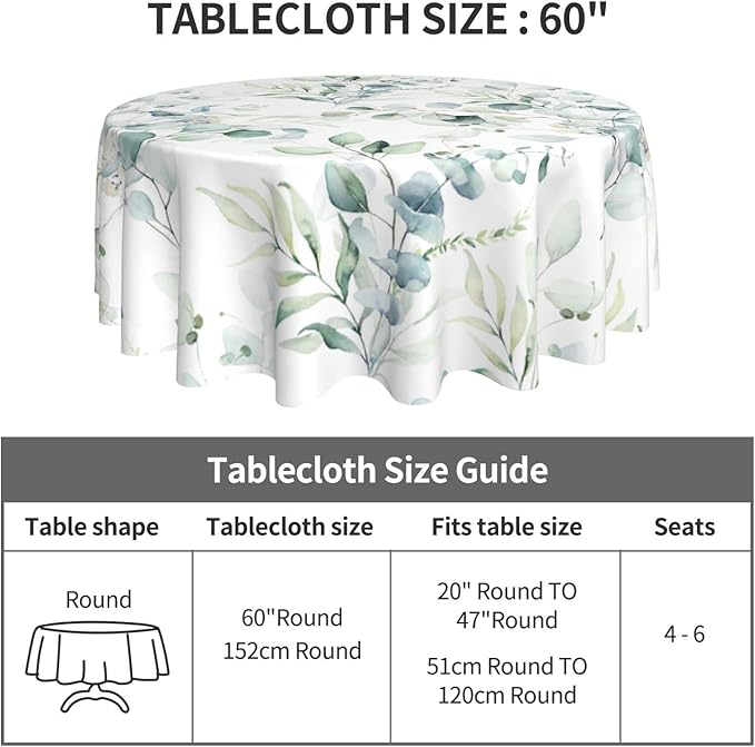 Kawani Spring Summer Leaf Floral Sage Green Tablecloth Round 60 Inch Ruitic Watercolor Table Cloth Waterproof Fabric Farmhouse Green Grey Leaves Tablecloths Decorative for Holiday Home Party