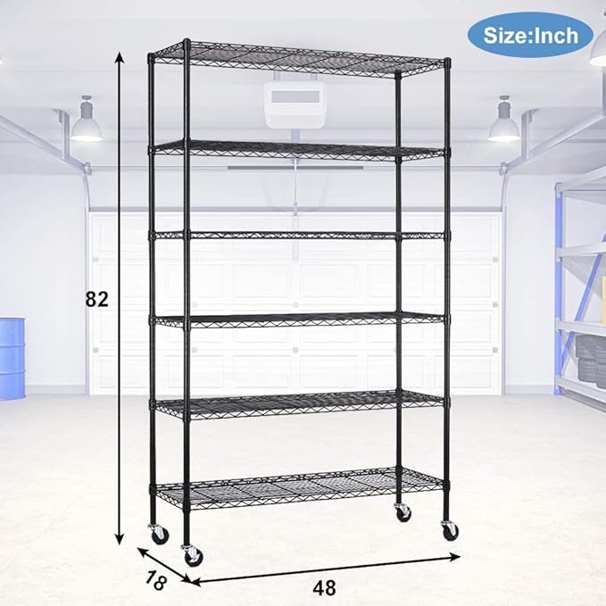 PayLessHere | 6-Tier Wire Shelf with Wheels | 48"x18"x82" | Black | Adjustable Racks | Heavy-Duty Storage Shelves, Holds Upto 510 lbs | Rust-Resistant, No-Tool Assembly | for Home, Garage Shelving