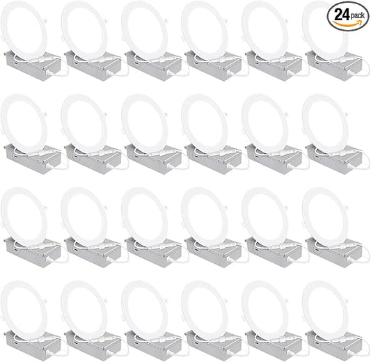 24 Pack 6 Inch Ultra-Thin LED Recessed Ceiling Light with Junction Box, 5000K Daylight, 12W 110W Eqv, Dimmable Canless LED Recessed Light, 1050LM High Brightness Wafer Downlight- ETL&FCC Certified