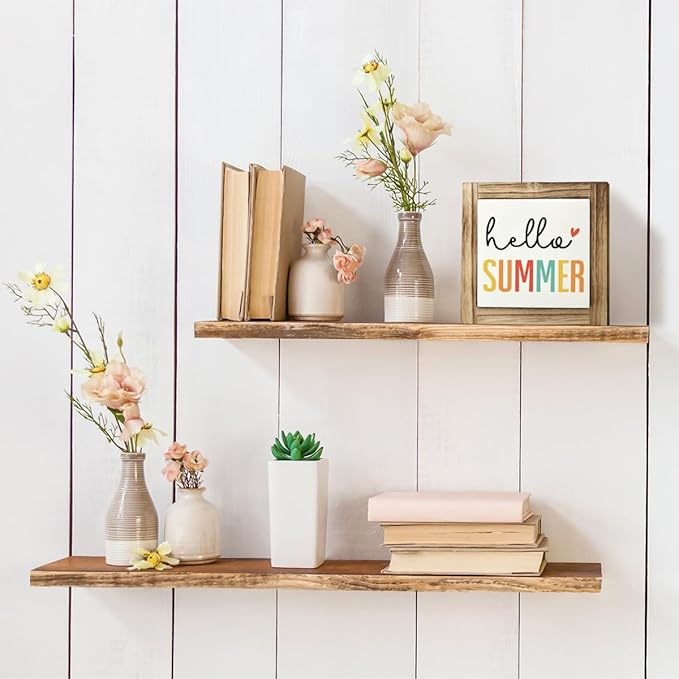 Hello Summer Sign, Wood Box Sign Desk Decor, Front Door Decoration for Shelf, Colorful Summer Decoration Signs for Home, Farmhouse Home Decors, Rustic Tabletop Decor Signs 5.9×5.9inches