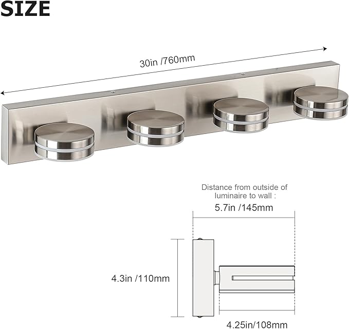 Brushed Nickel Vanity Lights for Bathroom, 4-Light Bathroom Light Fixtures Over Mirror, LED Dimmable Bath Lighting Fixture, Modern Wall Mounted Lighting Fixture