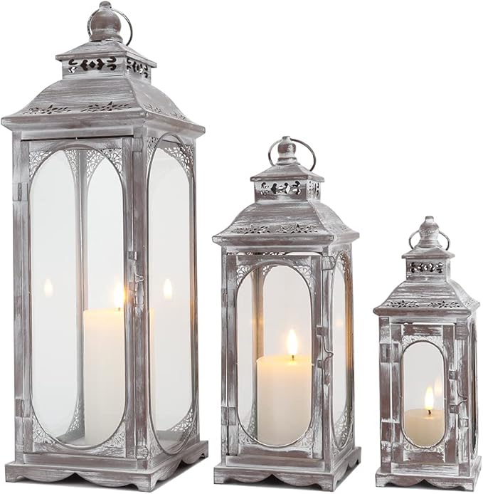 TRIROCKS Set of 3 Vintage Candle Lanterns 10/14/19.5''H Decorative Outdoor Lantern Metal Candle Holder with Tempered Glass for Home Living Room Garden Yard Parties Event Indoors Outdoors (Cement Grey)