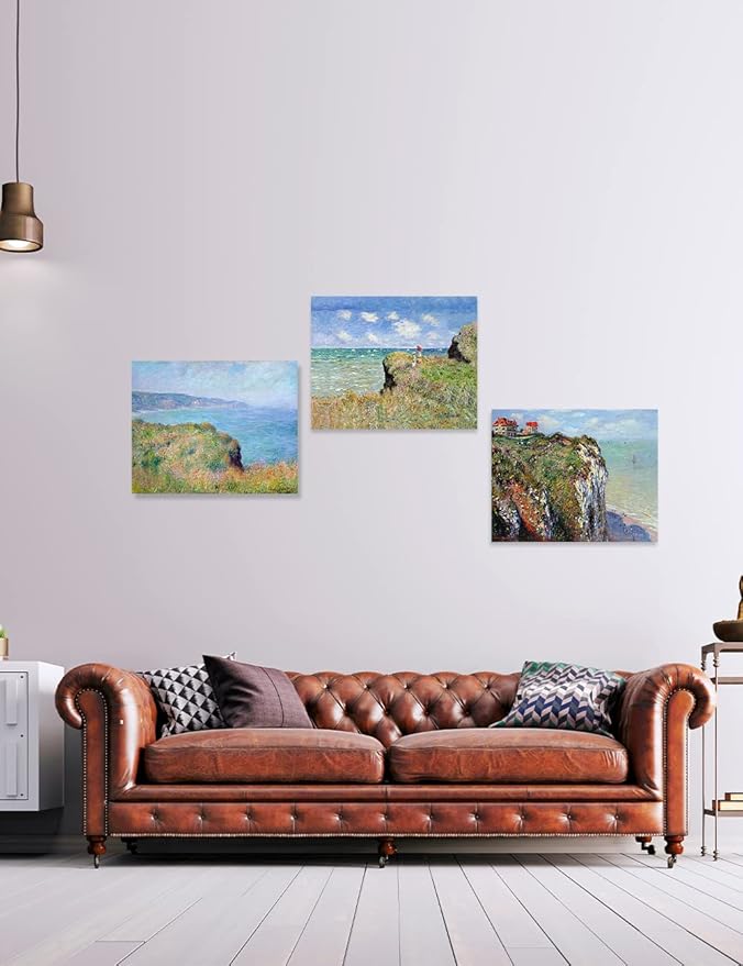 DECORARTS - The Cliff Walk Series(Triptych), Claude Monet Art Reproduction. Giclee Canvas Prints Wall Art for Home Decor 20x16, 3pcs/set