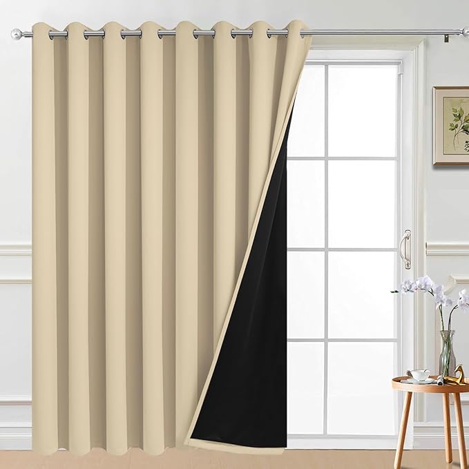 Yakamok 100% Blackout Thermal Insulated Grommet Curtains, Noise Reducing Barrier Panel for Sliding Glass Door, 2 Thick Layers Heat Full Light Blocking Patio Door Drapery, Beige, W100 x L84, 1 Panel