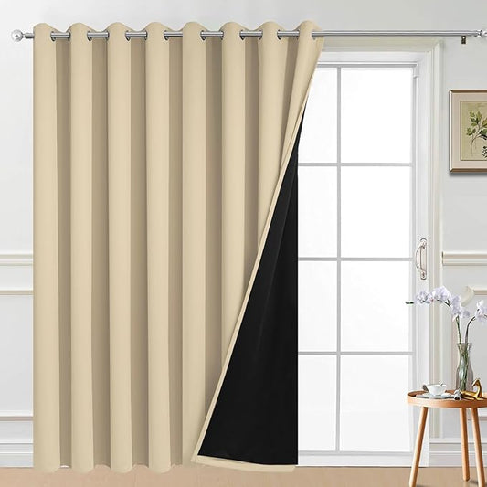 Yakamok 100% Blackout Thermal Insulated Grommet Curtains, Noise Reducing Barrier Panel for Sliding Glass Door, 2 Thick Layers Heat Full Light Blocking Patio Door Drapery, Beige, W100 x L84, 1 Panel