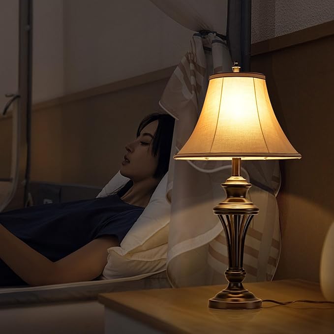 3 Pack Lamp Set (2 Table Lamps, 1 Floor Lamp), 3-Piece Vintage Style Table and Floor Lamp Set in Bronze Finish with Brown Fabric Lamp Shades, 26" and 61"(H), Solid Iron