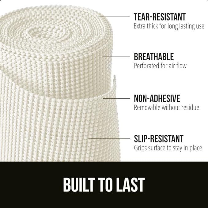 GORILLA GRIP powerGRIP Drawer Shelf and Cabinet Liner, Thick Strong Hold, Non-Adhesive Liners Protect Kitchen Cabinets and Cupboard, Bathroom Drawers, Easy Install, Breathable Mat, 17.5" x30', White