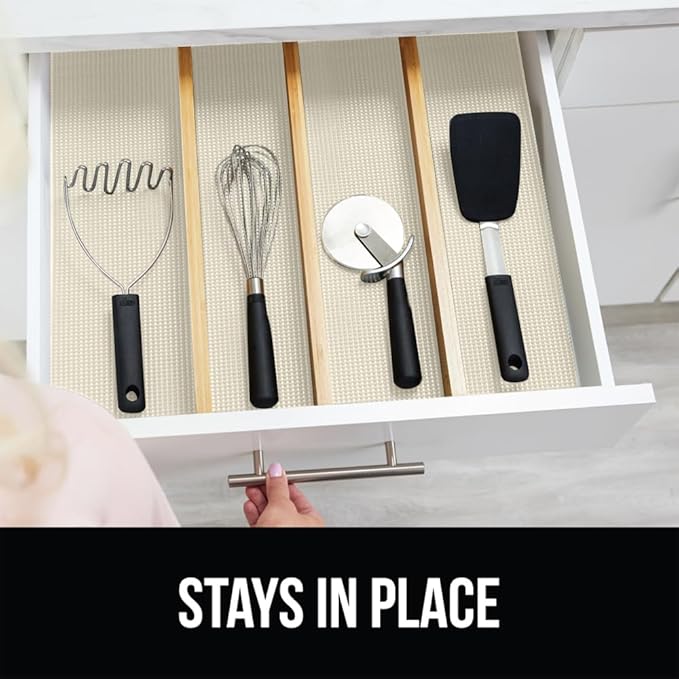 GORILLA GRIP powerGRIP Drawer Shelf and Cabinet Liner, Thick Strong Hold, Non-Adhesive Liners Protect Kitchen Cabinets and Cupboard, Bathroom Drawers, Easy Install, Breathable Mat, 20" x10', Cream