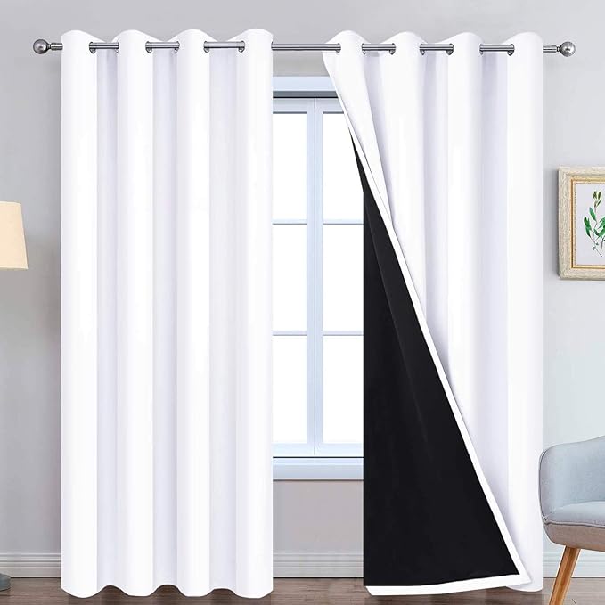 Yakamok Pure White 100% Blackout Curtains, 2 Thick Layers Completely Blackout Curtains Thermal Insulated Noise Reducing Drapes for Bedroom(52Wx96L, Pure White, 2 Panels)