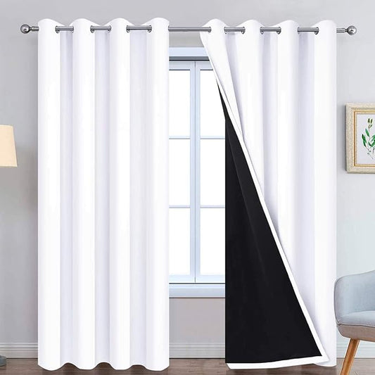 Yakamok Pure White 100% Blackout Curtains, 2 Thick Layers Completely Blackout Curtains Thermal Insulated Noise Reducing Drapes for Bedroom(52Wx96L, Pure White, 2 Panels)