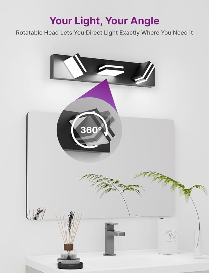 Modern Bathroom Light Fixture Over Mirror, 22" 3-Light Bathroom Vanity Light with Rotatable Heads, Dimmable 5000K Daylight, Hardwired, Energy-Efficient LED Vanity Lighting Fixture, Black