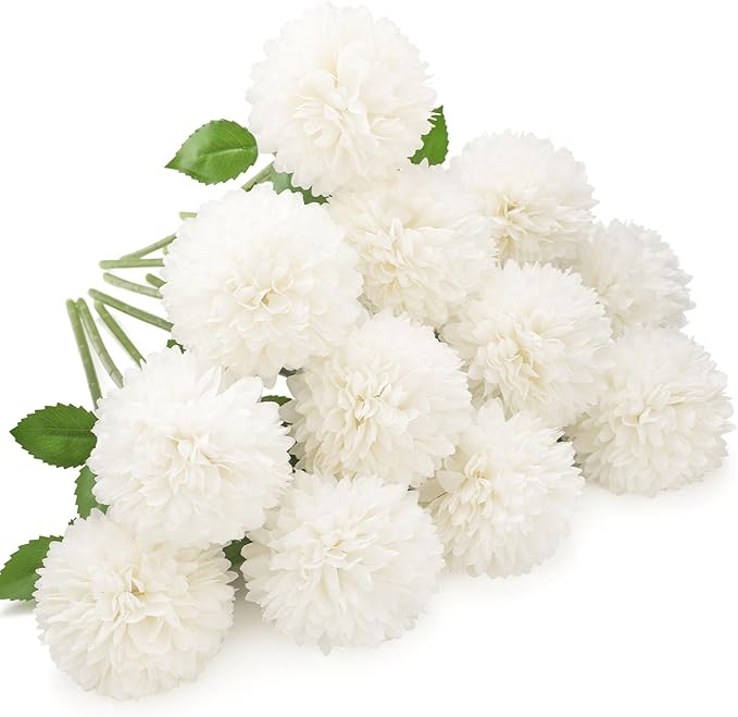 Floweroyal 12pcs Artificial Chrysanthemum Ball Flowers Silk Hydrangea Bridal Wedding Bouquet for Home Garden Party Office Coffee House Decoration (Cream White)