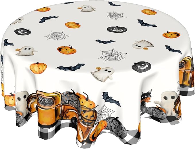 Kawani Halloween Tablecloths - Round Spooky Tablecloths with Pumpkins & Ghosts, 60 Inch, Perfect for Kitchen & Dining Room Dinner Parties