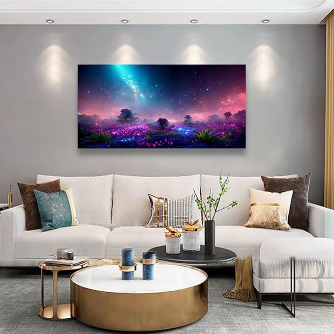 Purple Magical Wall Art Bedroom Wall Decor Living Room, Canvas Wall Art Office Farmhouse Paintings Artwork Modern Blue Starry Sky Grass Land Fantastic Wall Art Prints Pictures 20 * 40inch