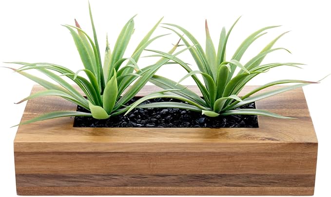 MyGift 10 Inch Artificial Green Grass Plants in Deluxe Acacia Solid Wood Decorative Planter Pot, Faux Greenery in Rectangular Wooden Container