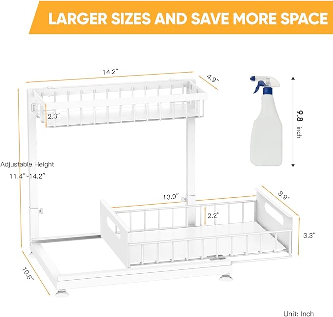 2 Pack Under Sink Organizer Storage 2-Tier Premium Metal Pull-Out Racks, Height Adjustable, Easy Installation | Kitchen & Bathroom Organizers White