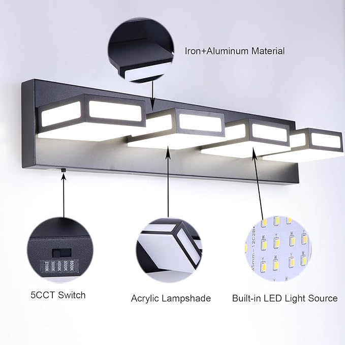 4-Light Bathroom Vanity Light Fixtures,Matte Black Bathroom Wall Lighting Fixtures Over Mirror, Dimmable 5CCT LED Vanity Lights with Acrylic Shades