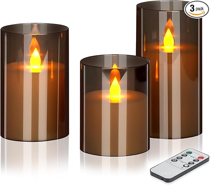Flameless LED Candles with Remote Set of 3 Battery-Operated Acrylic Gray Pillars, 4", 5", 6" x 3" Diameter Flickering Effect with Timer Ideal for Home Décor Weddings Parties, Restaurants