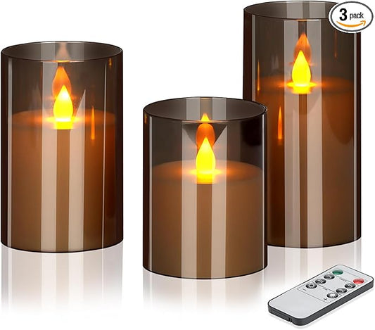 Flameless LED Candles with Remote Set of 3 Battery-Operated Acrylic Gray Pillars, 4", 5", 6" x 3" Diameter Flickering Effect with Timer Ideal for Home Décor Weddings Parties, Restaurants