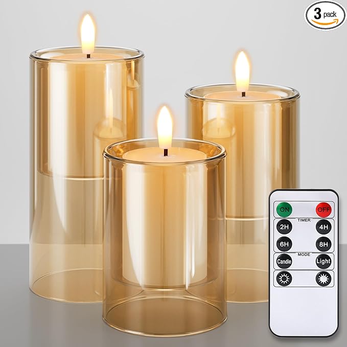 NURADA Flameless Candles with Remote Timer - Glass Real Wax 3D Wick LED Pillar Votive Candle Set Battery Operated Flickering Light for Home Christmas Decoration - Gold 3 Pack